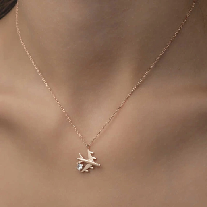 Kadın Gümüş Rose Tek Taşlı Uçak Kadın Kolye