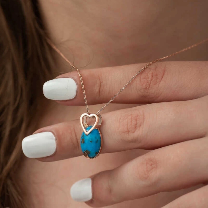 Kadın ​Gümüş Rose Turkuaz Taşlı Kalp Kolye