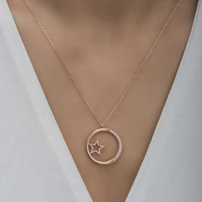 Kadın Gümüş Rose Yıldız Detaylı Halka Kadın Kolye