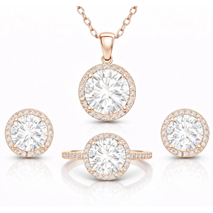 Kadın Gümüş Rose Yuvarlak Montür Tek Taş Set