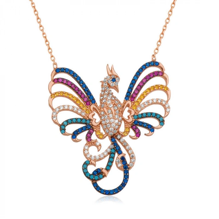 Kadın Gümüş Rose Zümrüdü Anka Kuşu Bayan Kolye