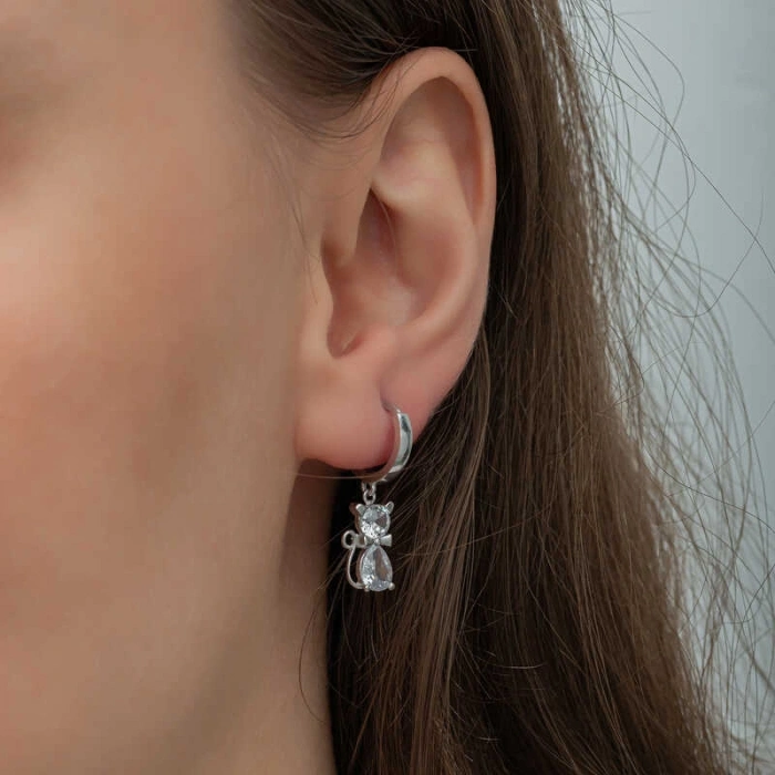 Kadın Gümüş Sallantılı Kedi Kadın Küpe