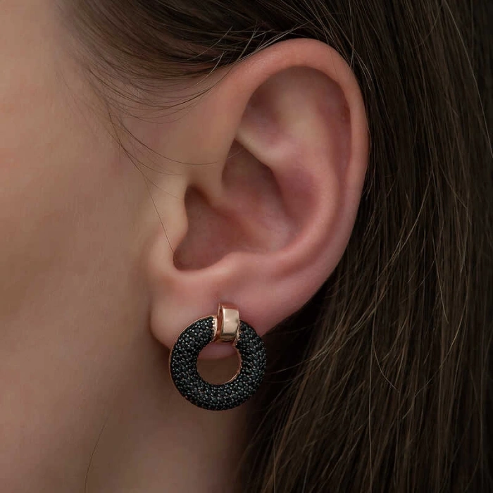 Kadın Gümüş Siyah Çok Taşlı Daire Bayan Küpe