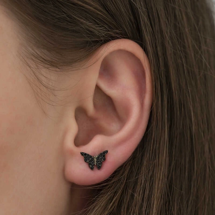 Kadın Gümüş Siyah Kelebek Küpe