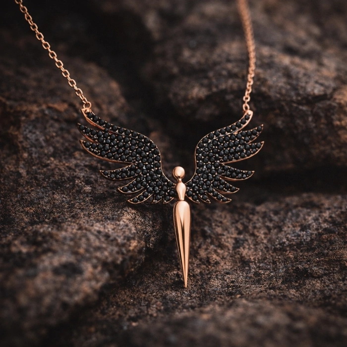 Kadın Gümüş Siyah Mikail Meleği Bayan Kolye
