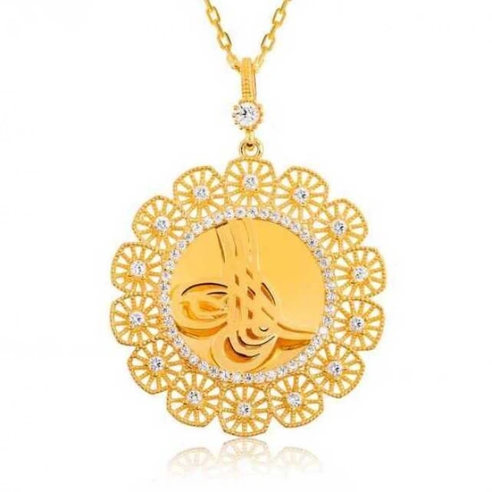 Kadın Gümüş Tuğralı Altın Kaplama Bayan Kolye