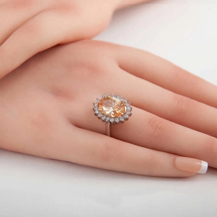 Kadın Gümüş Turuncu Taşlı Oval Kadın Yüzük