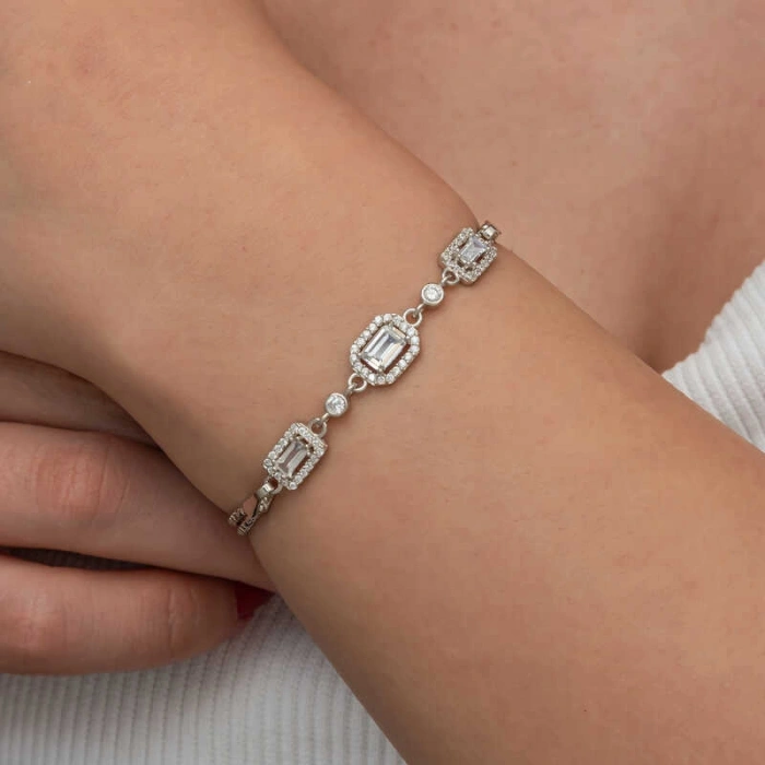 Kadın Gümüş Üçlü Baget Taşlı Kadın Bileklik