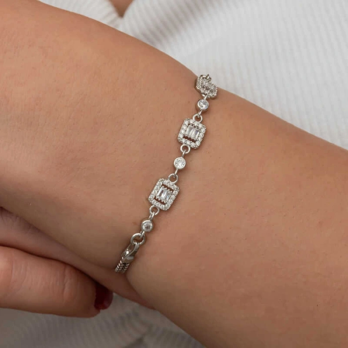 Kadın Gümüş Üçlü Baget Taşlı Kadın Bileklik