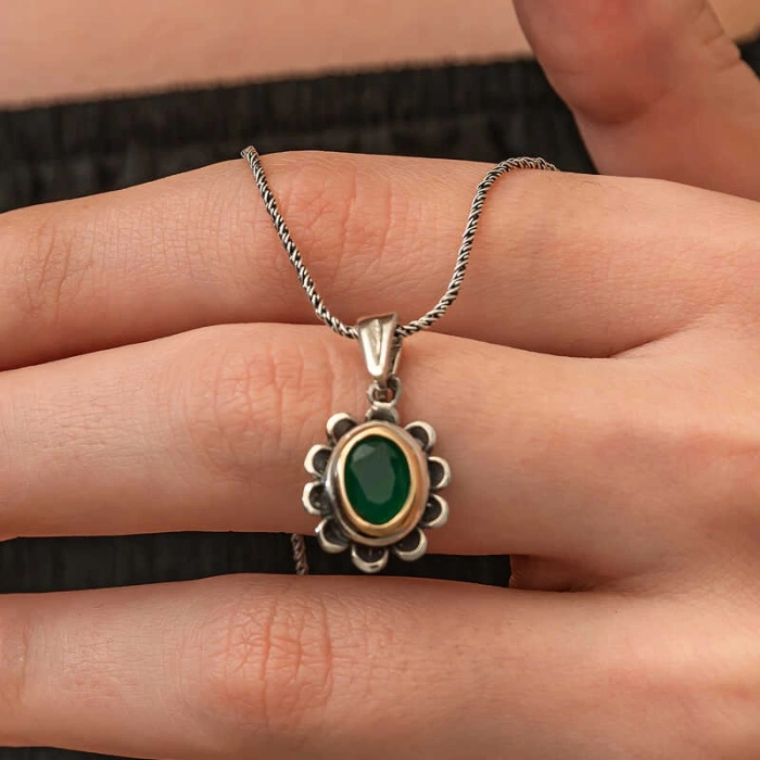 Kadın Gümüş Yeşil Çiçek Desenli Otantik Kadın Set