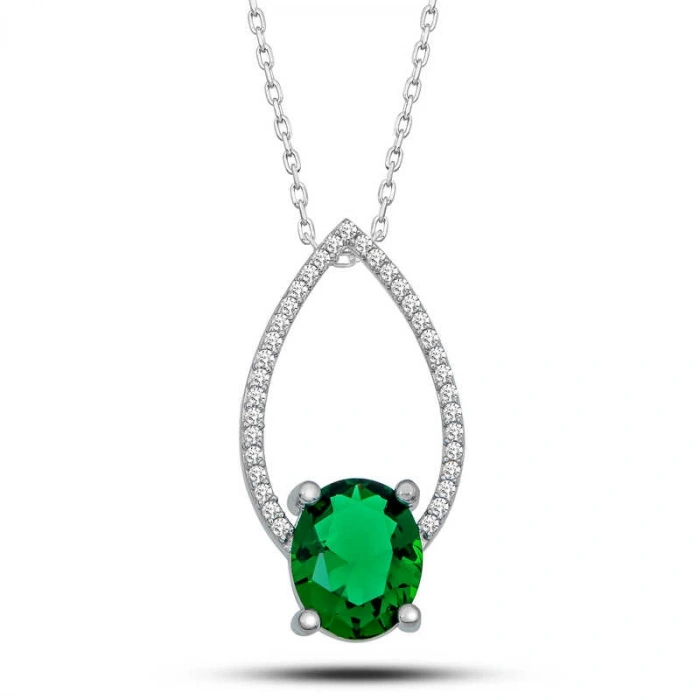 Kadın Gümüş Yeşil Oval Taşlı Damla Kadın Kolye