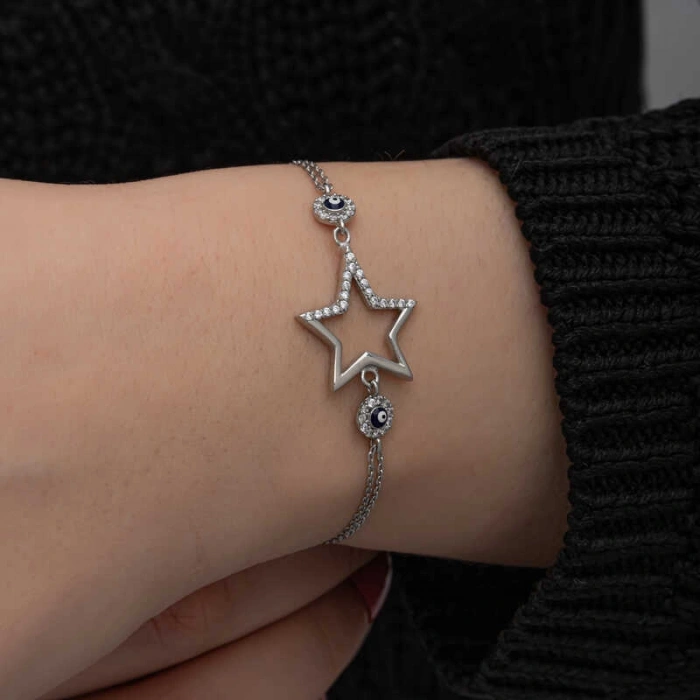 Kadın Gümüş Yıldız Nazarlı Kadın Bileklik