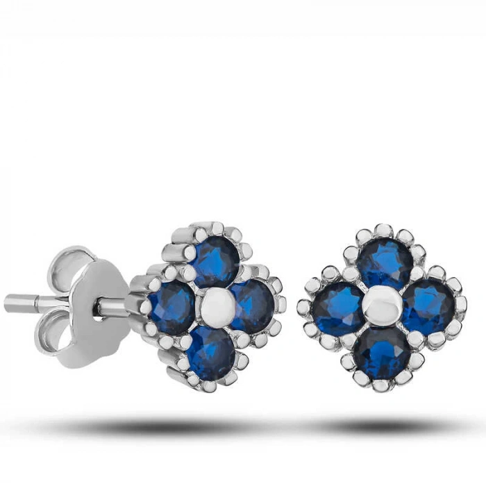 Kadın Gümüş Yonca Çivili Mavi Taşlı Çocuk Küpe