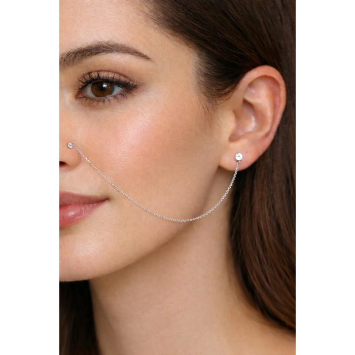 Kadın Gümüş Zincirli Burun Piercingi Küpe
