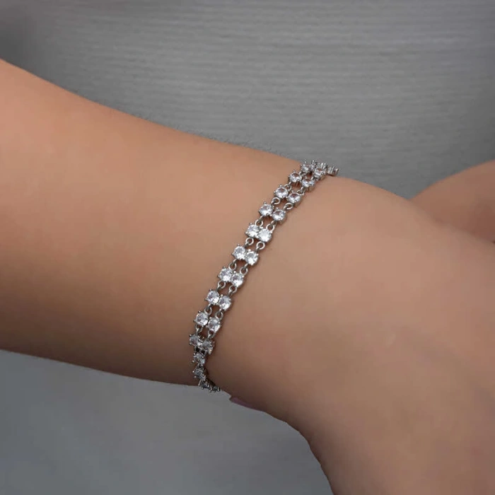 Kadın Gümüş Zirkon Taşlı Çift Sıra Kadın Bileklik