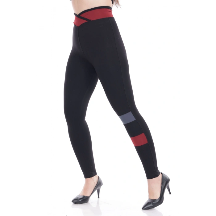 Kadın Siyah Beli Lastikli Kemeri Dizi Şeritli Toparlayıcı Tayt