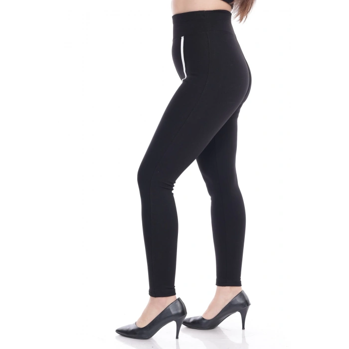 Kadın Siyah Beli Lastikli Önü Beyaz Şeritli Toparlayıcı Tayt