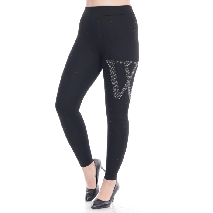 Kadın Siyah Beli Lastikli Önü Beyaz W Taş İşlemeli Toparlayıcı Tayt