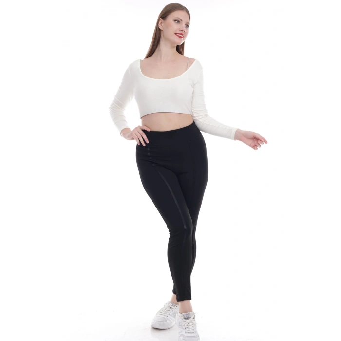 Kadın Siyah Beli Lastikli Önü Deri Şeritli Toparlayıcı Büyük Beden Tayt