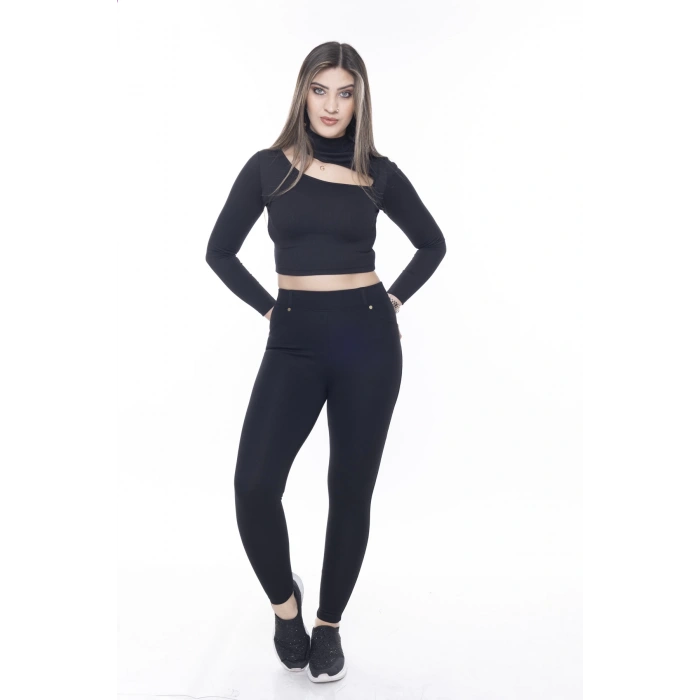 Kadın Siyah Cep Detaylı Tayt Pantolon