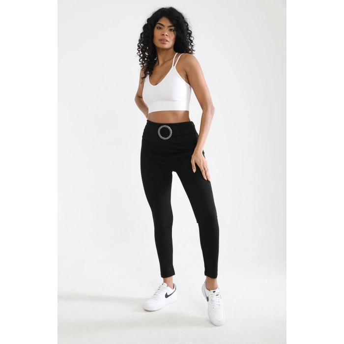 Kadın Siyah Beli Kemerli Toparlayıcı Büyük Beden Tayt