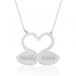 Kadın Gümüş Aşık Kuğular Plaka Kolye