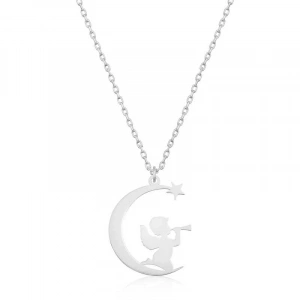 Kadın Gümüş Ayda Oturan Melek Bayan Kolye