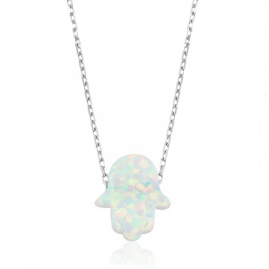 Kadın Gümüş Beyaz Opal Fatma Ana Eli Bayan Kolye