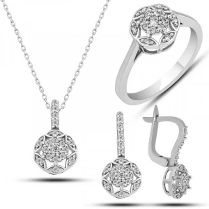 Kadın Gümüş Beyaz Zirkon Taşlı Çiçek Kadın Set