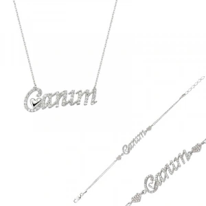 Kadın Gümüş Canım Yazılı Kalp Bayan Set