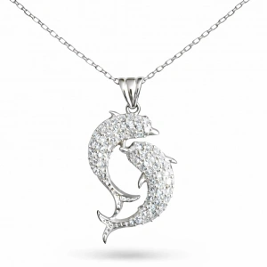 Kadın Gümüş Çift Yunus Balığı Kadın Kolye