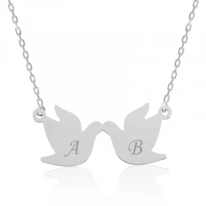 Kadın Gümüş Çifte Kumrular Harf Yazılı Kolye