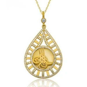 Kadın Gümüş Damla Tuğralı Altın Kaplama Bayan Kolye