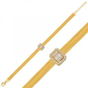 Kadın Gümüş Gold Baget Taşlı Trabzon Hasır Kadın Bileklik