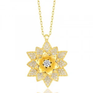 Kadın Gümüş Gold Beyaz Taşlı Lotus Çiçeği Kadın Kolye