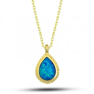 Kadın Gümüş Gold Damla Mavi Opal Taşlı Kadın Kolye