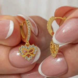 Kadın Gümüş Gold Kalp Kurdele Sallantılı Kadın Küpe