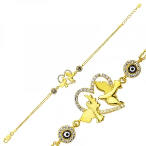 Kadın Gümüş Gold Kalpli Güvercin Bayan Bileklik