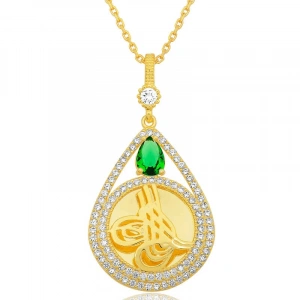 Kadın Gümüş Gold Kaplama Damla Tuğralı Kadın Kolye