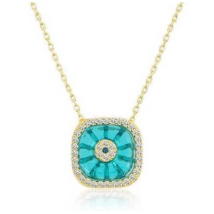 Kadın Gümüş Gold Kare Camgöz Nazar Bayan Kolye