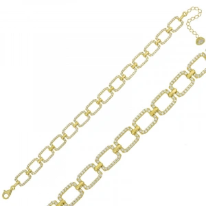 Kadın Gümüş Gold Kare Taşlı Bayan Bileklik