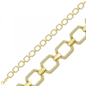 Kadın Gümüş Gold Kare Taşlı Kadın Bileklik