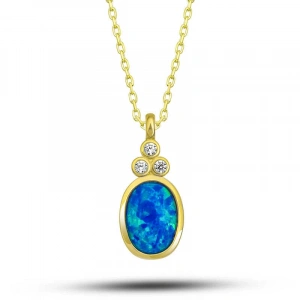 Kadın Gümüş Gold Mavi Opal Taşlı Ananas Kadın Kolye