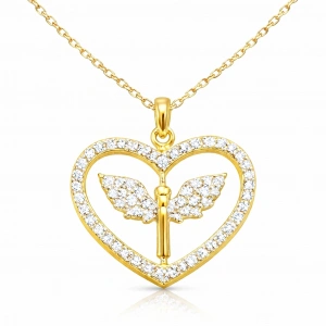 Kadın Gümüş Gold Mikail Meleği Figürlü Kalp Kadın Kolye