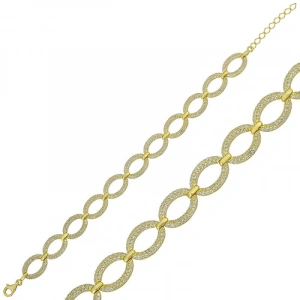 Kadın Gümüş Gold Oval Taşlı Bayan Bileklik