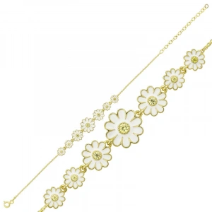 Kadın Gümüş Gold Sıralı Papatya Bayan Bileklik