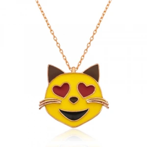 Kadın Gümüş Kalp Gözlü Kedi Emoji Bayan Kolye
