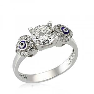 Kadın Gümüş Kalp Nazarlı Tek Taş Bayan Yüzük