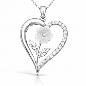 Kadın Gümüş Kalpli Beyaz Gül Kadın Kolye