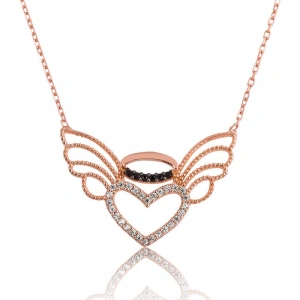 Kadın Gümüş Kalpli Melek Kanadı Bayan Kolye